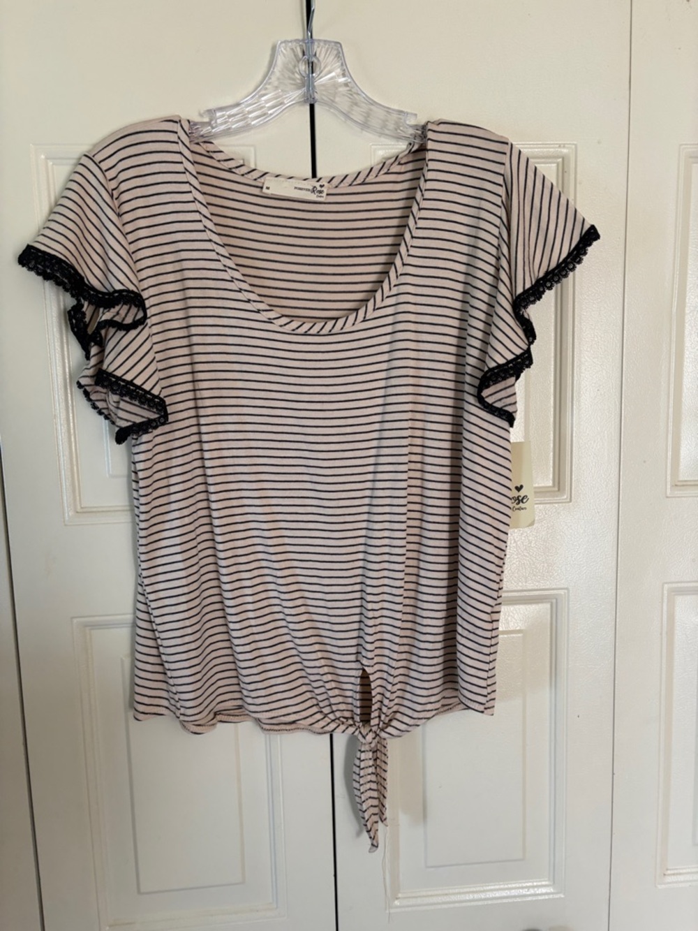 Forever Rose NWT Striped Crm Black Lace Trim Feminine Comfy Flowy Stretch Sz M